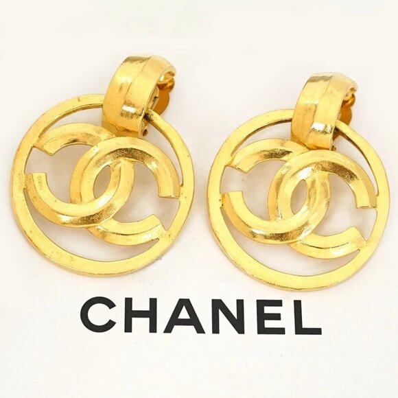 CHANEL CC Logos Round Dangle Earrings Gold Tone 96P Auth o11360 - Picture 1 of 5